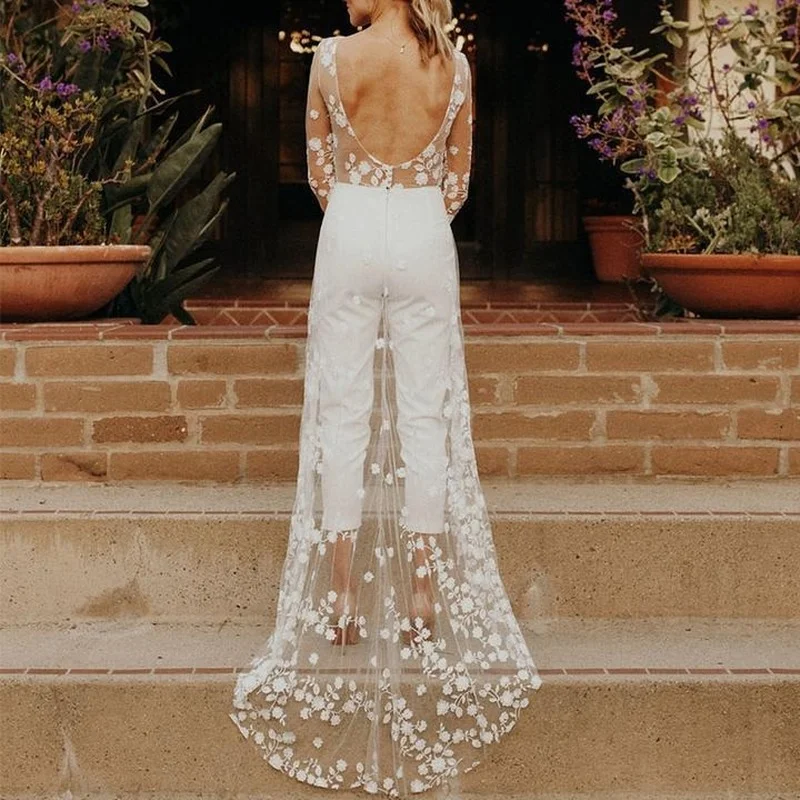 2021 Autumn New Fashion Women's Sexy See-through Long-sleeved Lace Jumpsuit Windbreaker Jumpsuit Trousers One Piece Outfit New