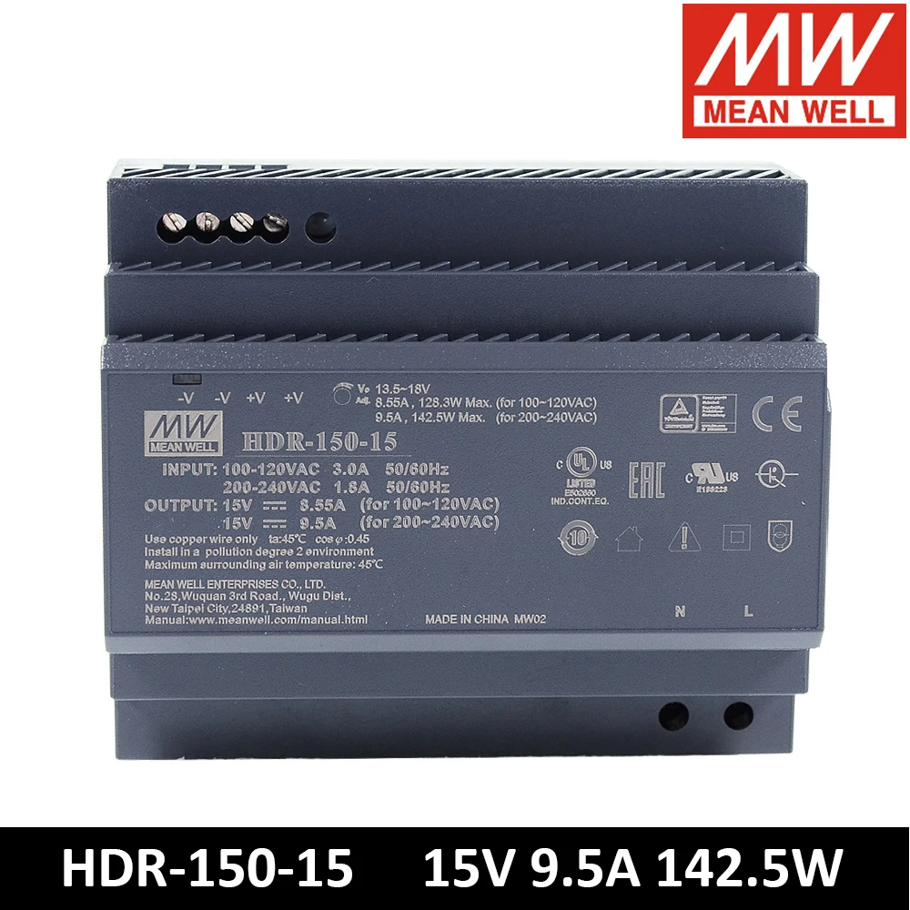 

Original Mean Well HDR-150-15 meanwell 85-264V AC-DC 15V 9.5A 142.5W HDR-150 Ultra Slim Step Shape DIN Rail Power Supply