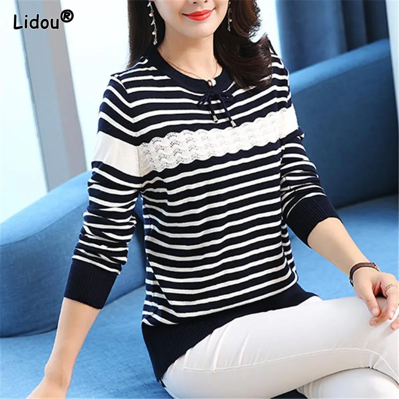 

Vintage Striped Mercerized Cotton T-Shirts Hollow Out Bow O-Neck Spring Summer Women's Clothing Long Sleeve Bottoming Shirt