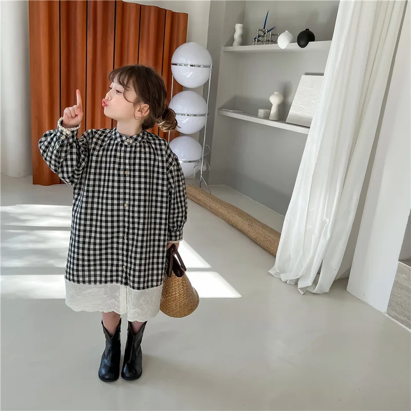 

New Arrived 2022 Spring Baby Girls Long Sleeve Plaid Dresses Patchwork Kids Dress Leisure Cotton Children Clothing