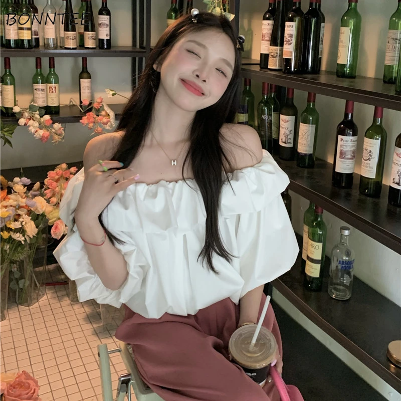 

Blouses Women Slash Neck Design Dating Schoolgirl Lovely Chic Baggy Puff Sleeve Sweet Style Streetwear Blusas Pure Femme Summer