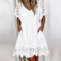 summer dress women 2022 white v neck short sleeve ruffles mini dresses female elegant embroidery lace mesh party dress vestidos