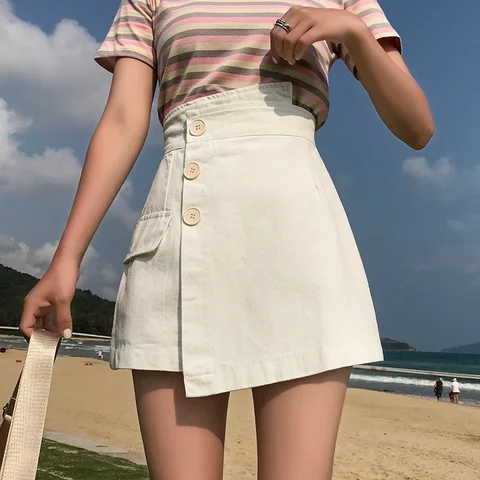 Chic Washed Solid Denim Skirt Female Fashionable Casual Streetwear Women High Waist Asymmetric Buttons Short Jean Skirts Summer