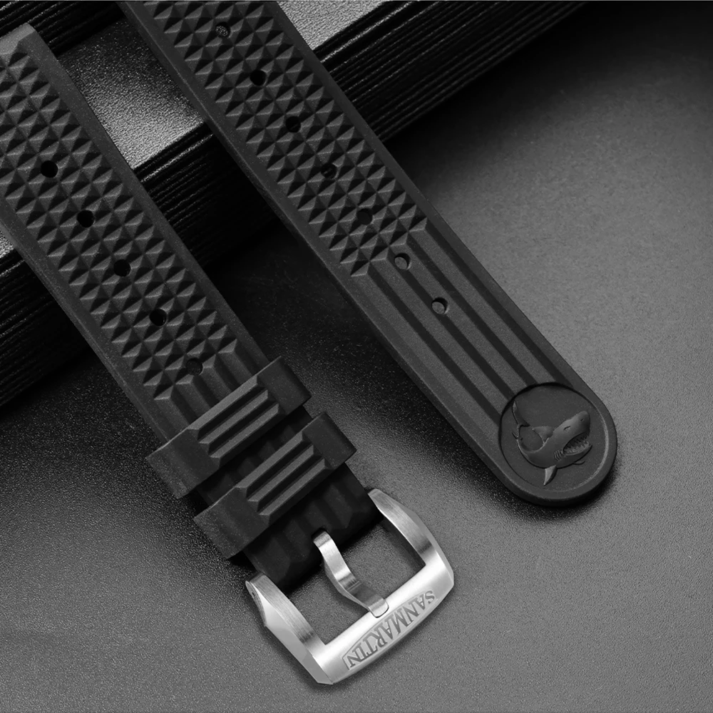 San Martin 20mm Fluororubber Watch Band Waterproof Quick Release Black Watch Strap Waffle Pattern Comfortable Watchbands Durable
