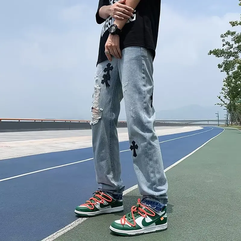 European and American Men's Fashion Trend Ripped Pants Loose Casual Jeans Fashion Cross Stick Straight Wide Leg Pants Streetwear