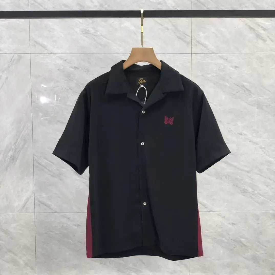 

New Black Red Needles Seam Cut Shirts Men Women 1:1 High Quality Butterfly Logo Tops Fashion Button AWGE Short Sleeve Blouse