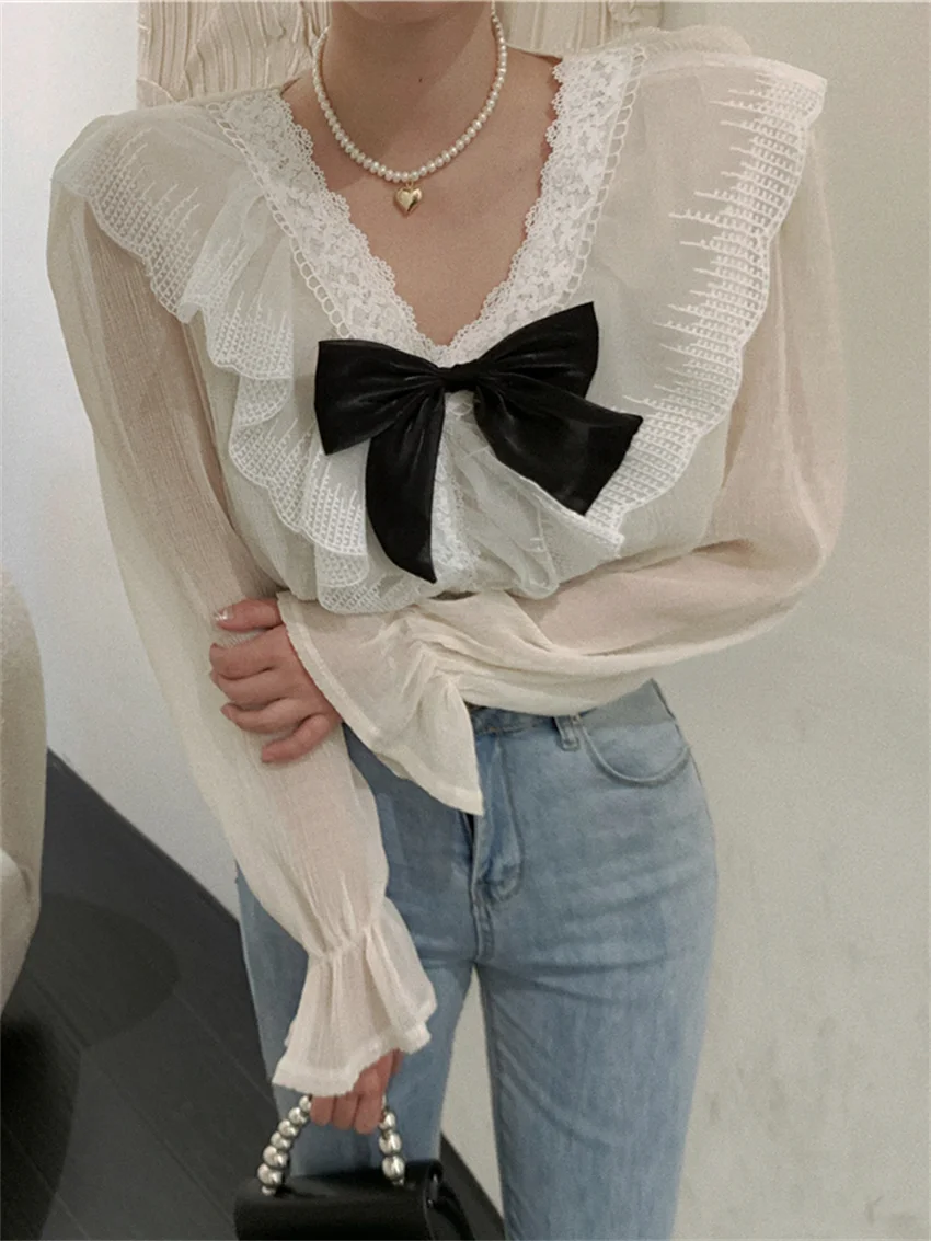 

Alien Kitty Apricot Women Shirts Lace Ruffles Chic Elegant Chiffon Office Lady Fairy New Casual Work Wear Slim Gentle V-Neck