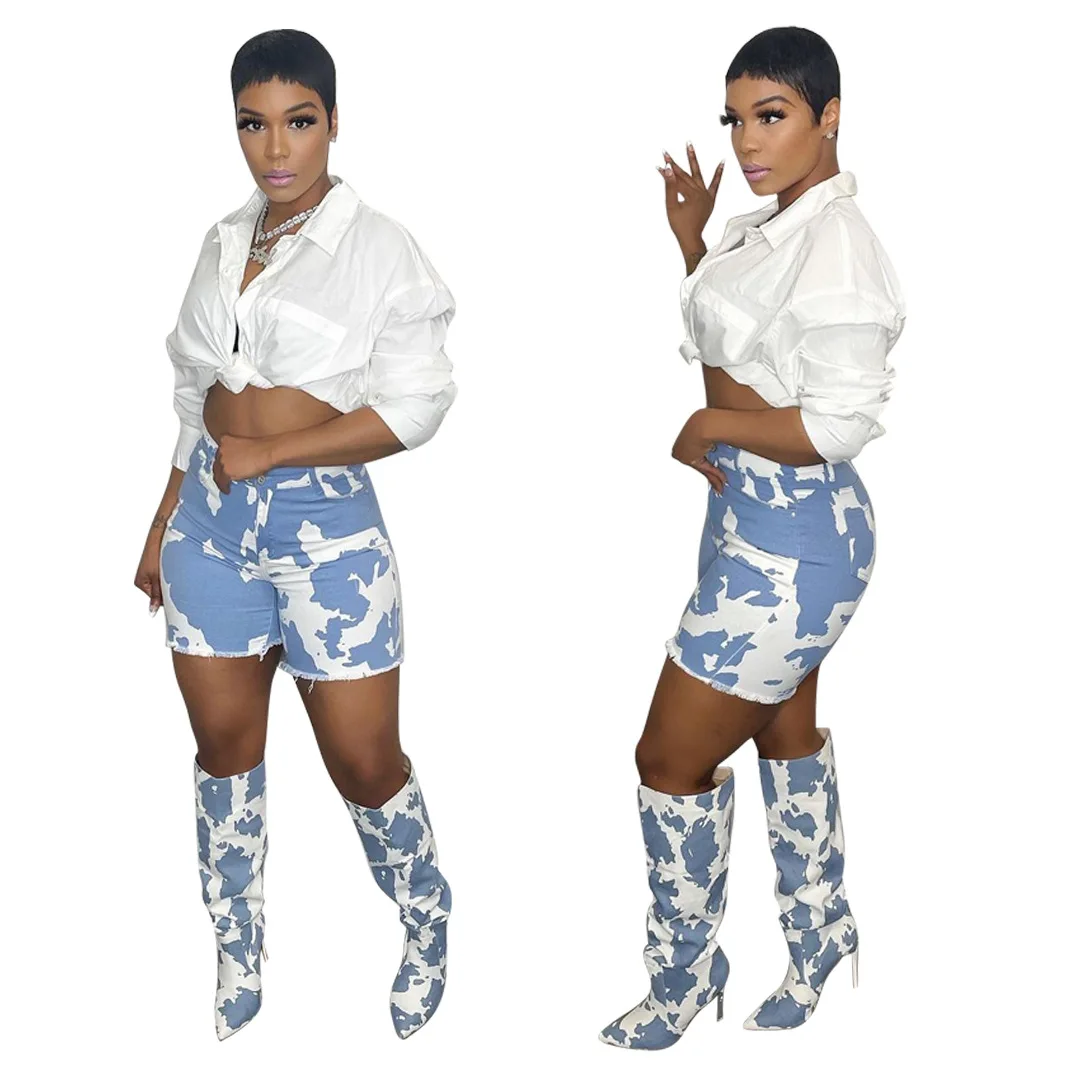 

S-2XL Summer Casual Denim Jeans Shorts for Women Fashion Printed Light Blue Elasticity Knee Length Pants Wolesale Dropshipping