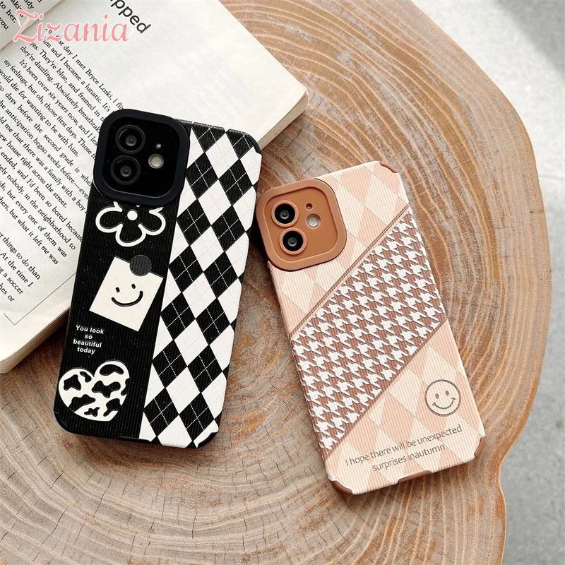 

Lovely Simple Fashion Lingge Smiley Splicing Phone Case For iPhone 13 12 11 Pro XS Max X XR 8 7 Plus Shockproof Cover New Girl