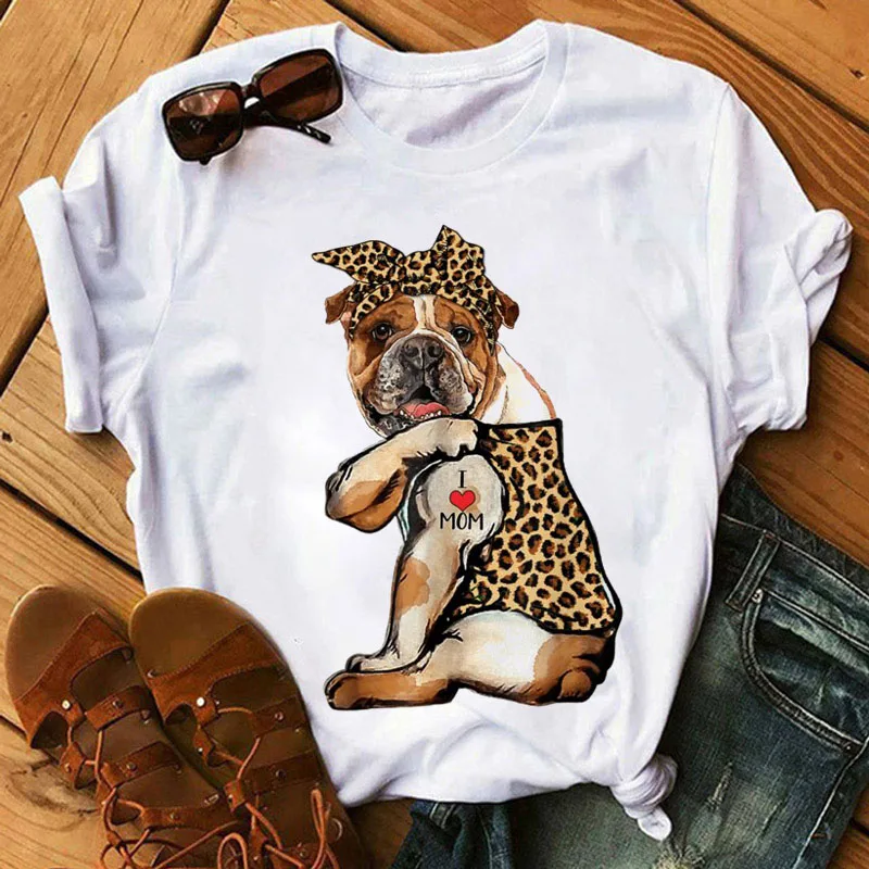 

Women T Shirt Leopard Scarf Dog Print Tops Dog Mom T Shirt I Love Mom Tee Shirts Female Cute Graphic T-shirt Funny Women T-shirt