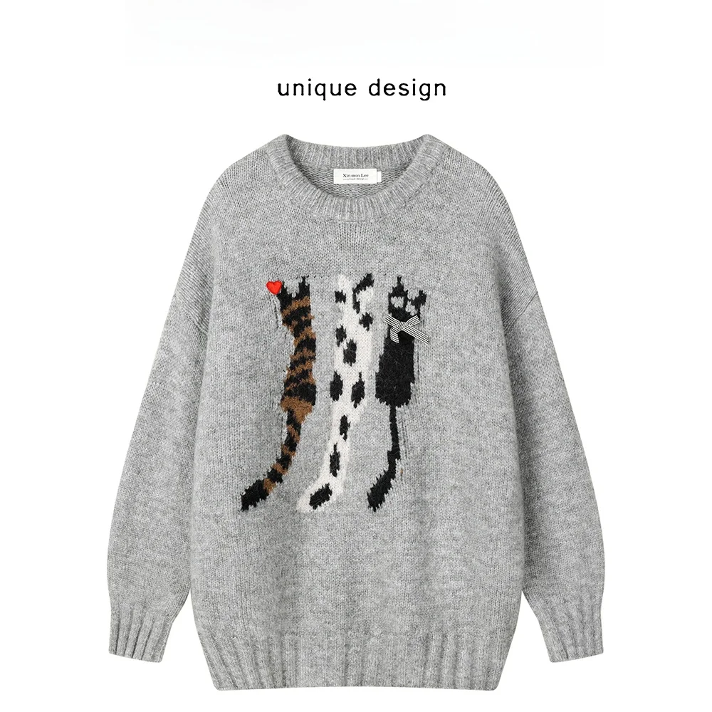 Xinmonlee корейская серия ретро шикарный вязаный свитер с мультяшным принтом