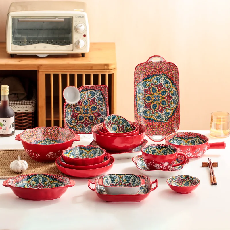 

Столовые приборы под глазурь, домашняя тарелка красного цвета в богемном стиле, с ручкой, бинауральная тарелка для салата