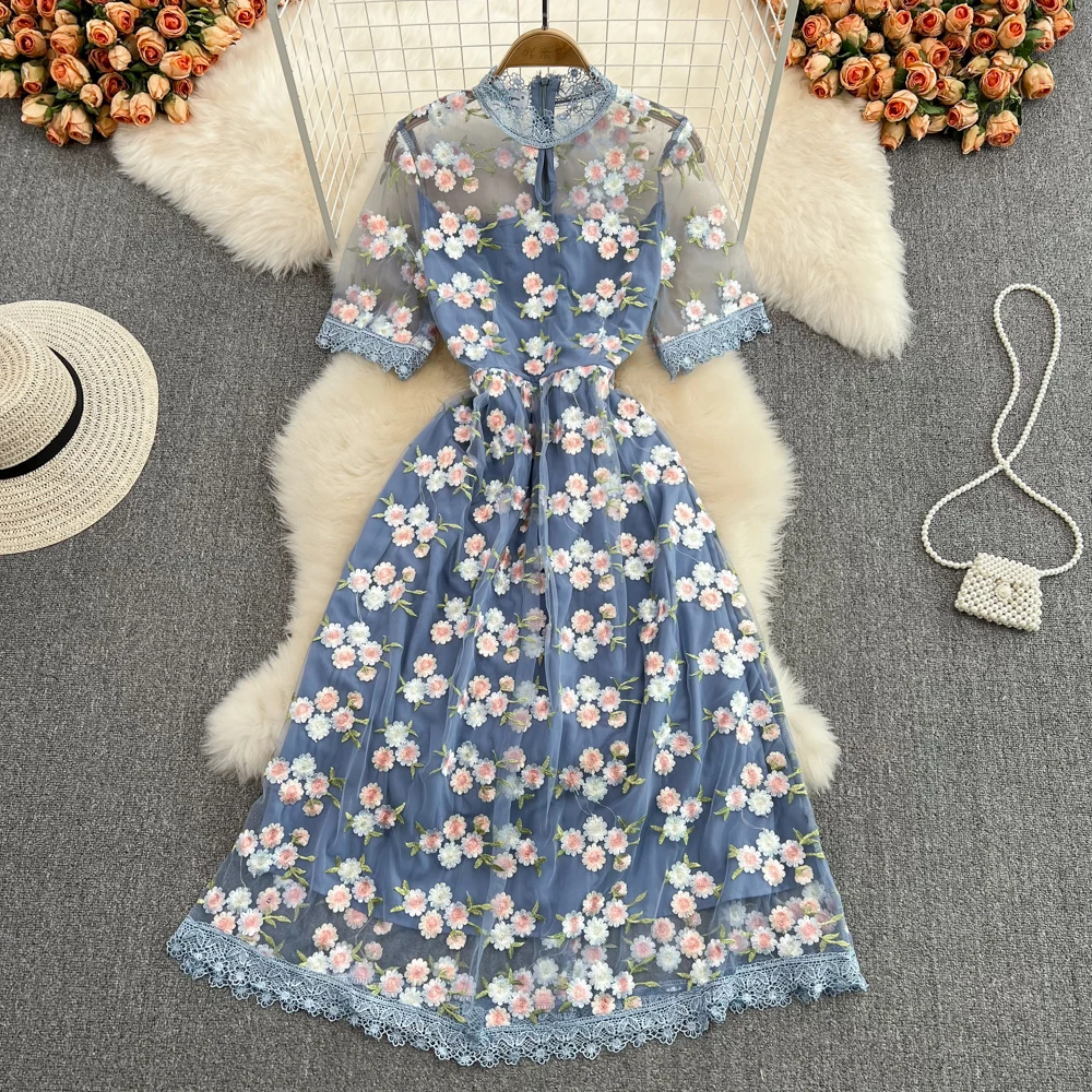 

Runway 2022 Spring Fashion See Through Floral Flower Embroidery Dress Women's Mesh Luxury Designer Slim Party Dress Vestido