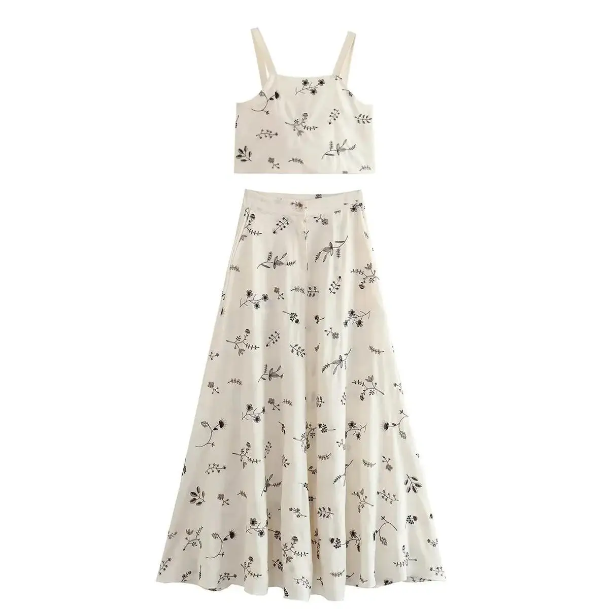 

Summer Beige Embroidery Cami Top And Long Skirts Matching Sets Women