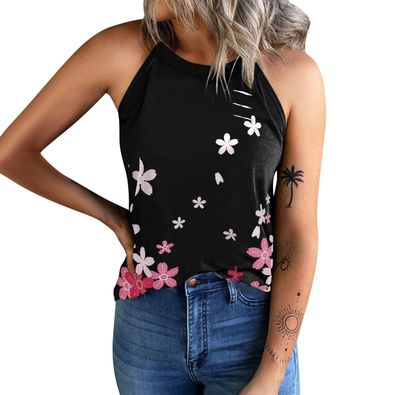 

Summer Flower Tank Top Women Casual Sleeveless Print Halter Camisole Tops Clothing