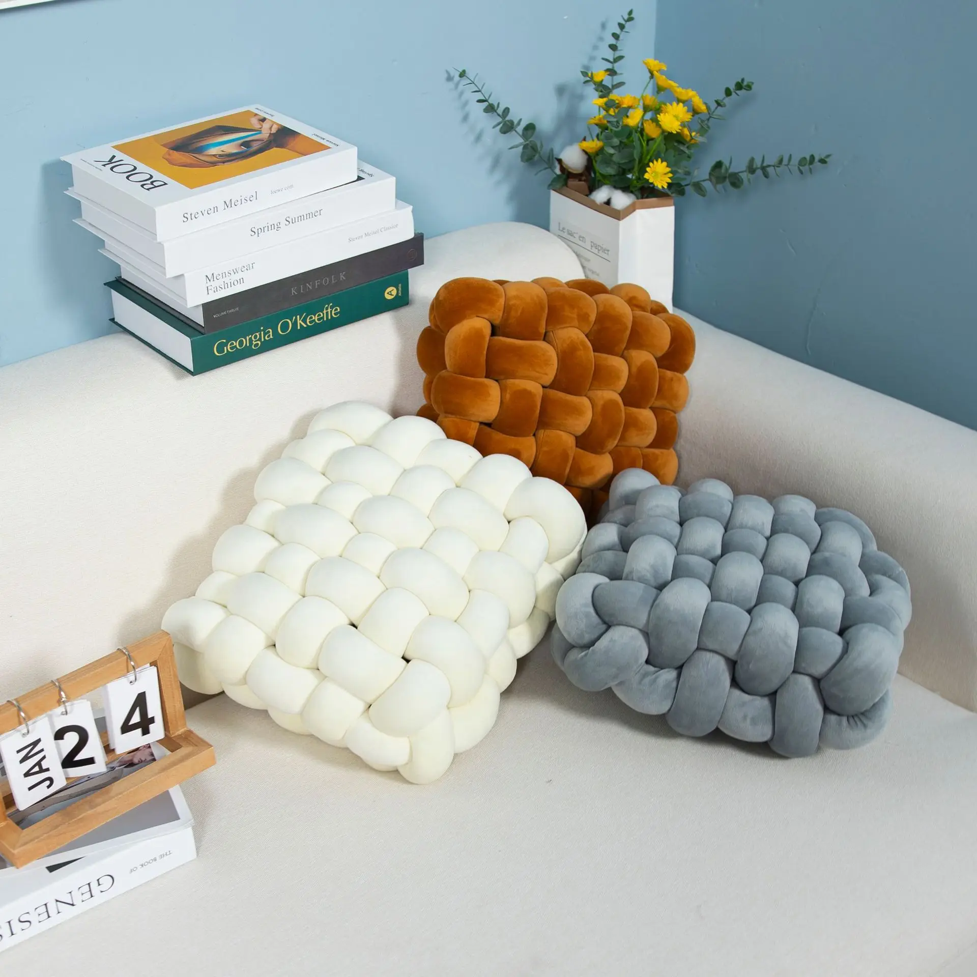 

Подушка в скандинавском стиле, простая однотонная квадратная подушка для дивана ручной работы, подушка Morandi с узелком на талии, зимняя больш...