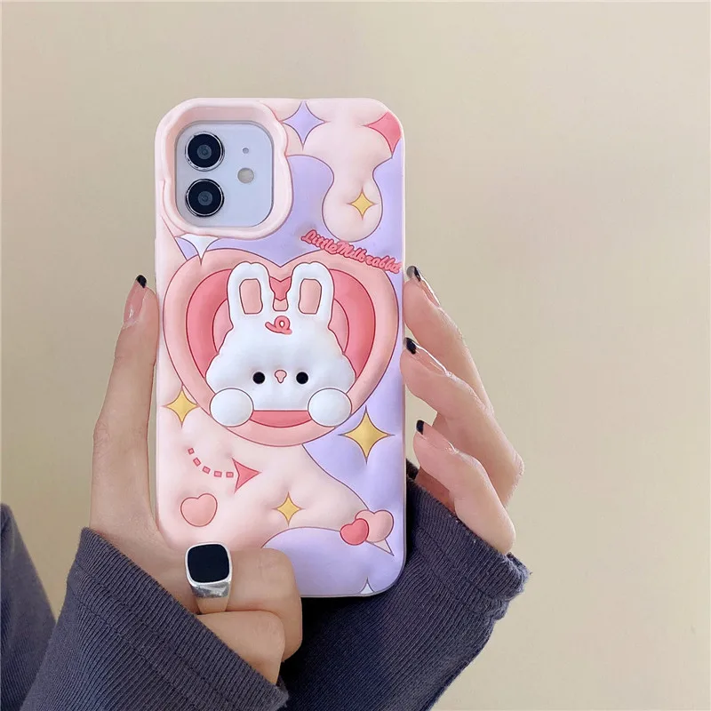 

3D Dimensional Cartoon Rabbit Phone Case For iphone 14 13 12 Pro Max 11 14pro 13pro 12p Kid Shockproof soft silicone pink Cover