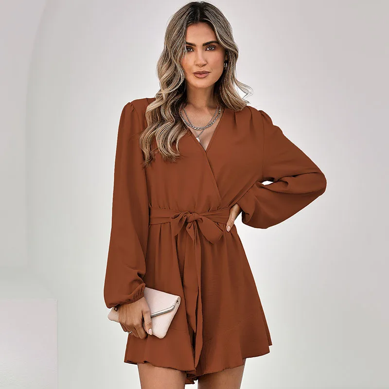 Ardm Elegant V Neck Solid Jumpsuit Women 2022 Casual Long Sleeve With Belt Ruffle Romper Playsuit