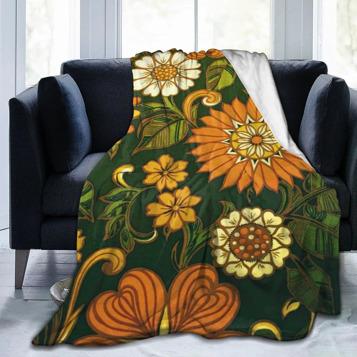 Ультрамягкое Флисовое одеяло с зеленым и оранжевым узором 70-х