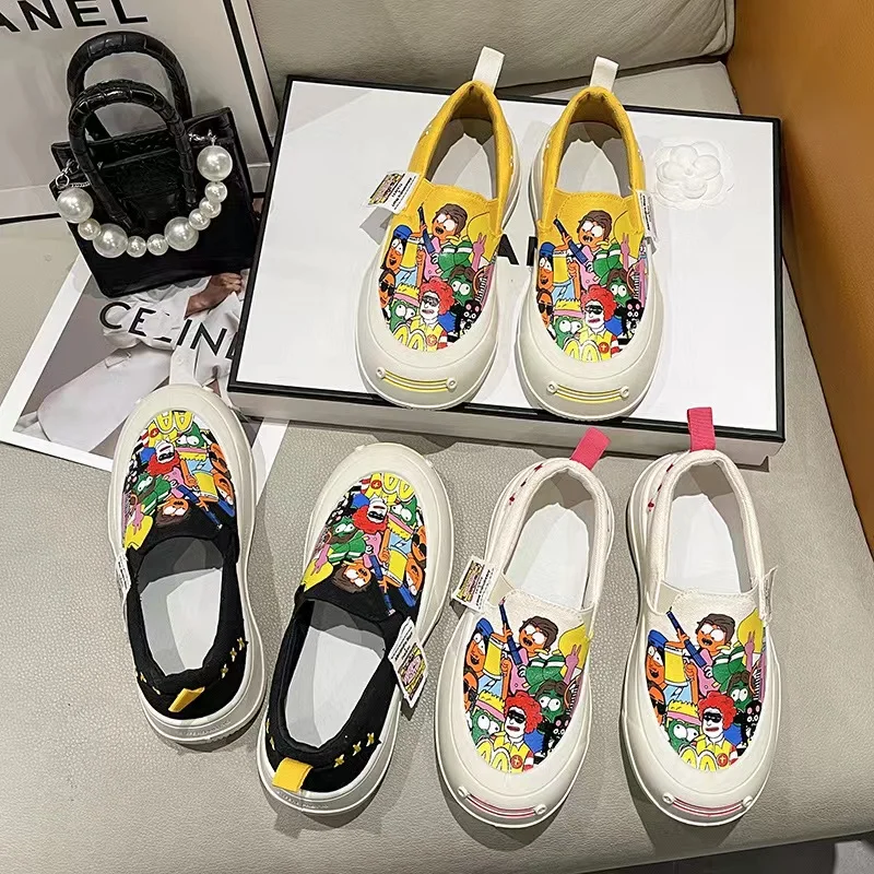 SENDNAKAI Women's Korean Edition Graffiti Canvas Shallow Mouth Single Shoes Round Toe Fish Mouth Sports Casual Shoes Breathable