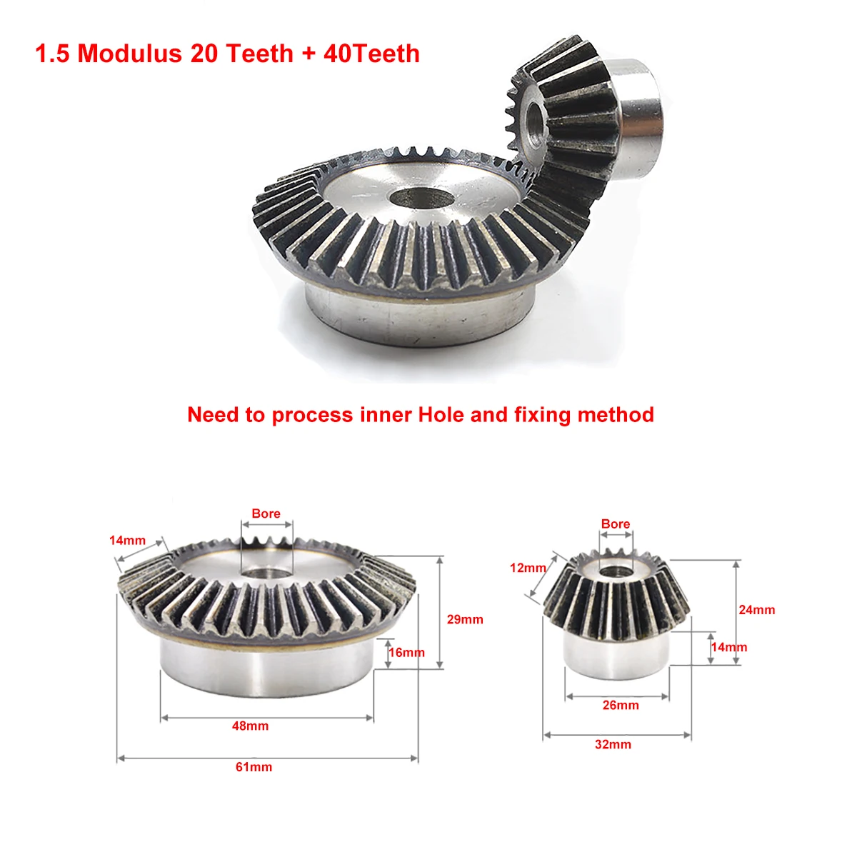 

1Pair 1:2 Bevel Gear Gear 45# Steel 1.5M 20Teeth + 40Teeth 90 Degrees Meshing Angle Steel Gears