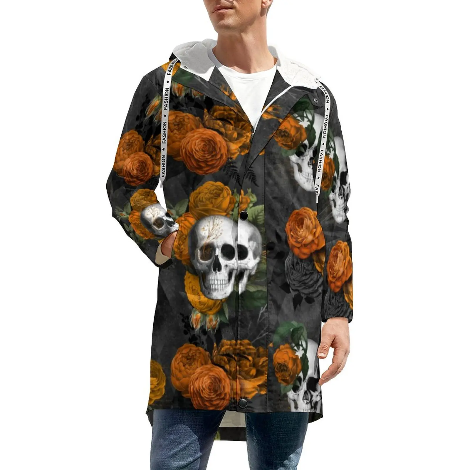

Vintage Skull Winter Casual Jackets Cute Orange Floral Pretty Hooded Thick Trench Coats Men Graphic Long Windbreak Gift
