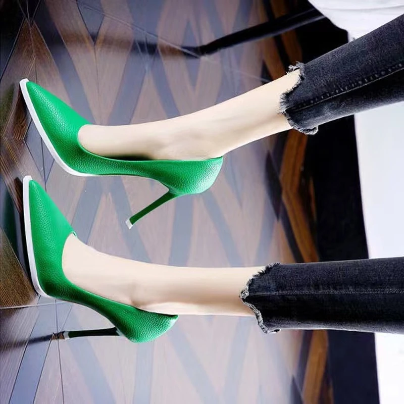 

Туфли-лодочки женские на тонком высоком каблуке, заостренный носок, без застежки, вечерние туфли-лодочки, зеленые белые черные