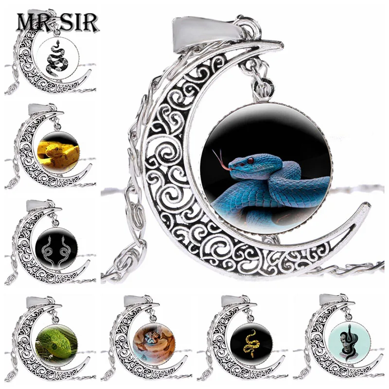 

Snake Pattern Pendant Necklace For Women Glass Cabochon Metal Moon Animal Necklace Trendy Female Birthday Statement Jewelry Gift