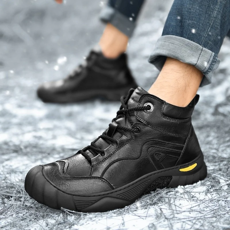 SALUDAS Winter Shoes Men's Luxury Genuine Leather Boots Outdoor Waterproof Fur Warm Ankle Boots Non-slip Hiking Sneakers Male