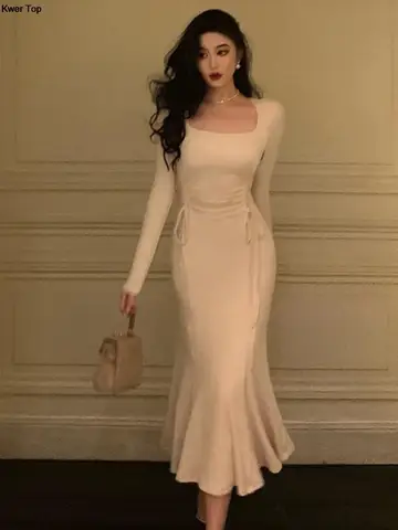 Женское облегающее платье средней длины, элегантное облегающее вечернее платье со шнуровкой, для свадьбы, во Франции, осень