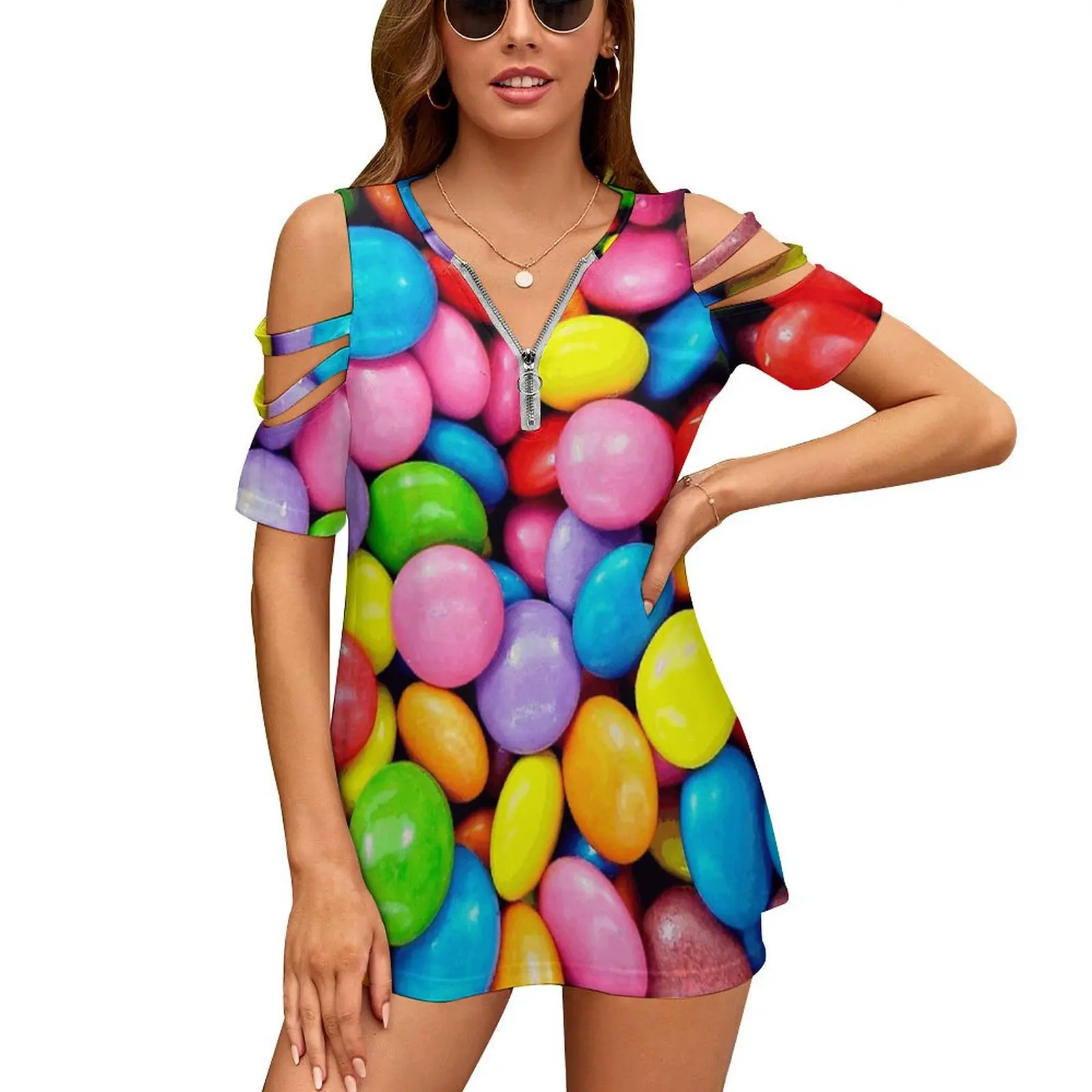 

Smarties! Women'S T-Shirt Summer Fashion Print Floral V-Neck Zipper Tshirt Hollow Pullover Ladies Top Smarties Sweet Sweets