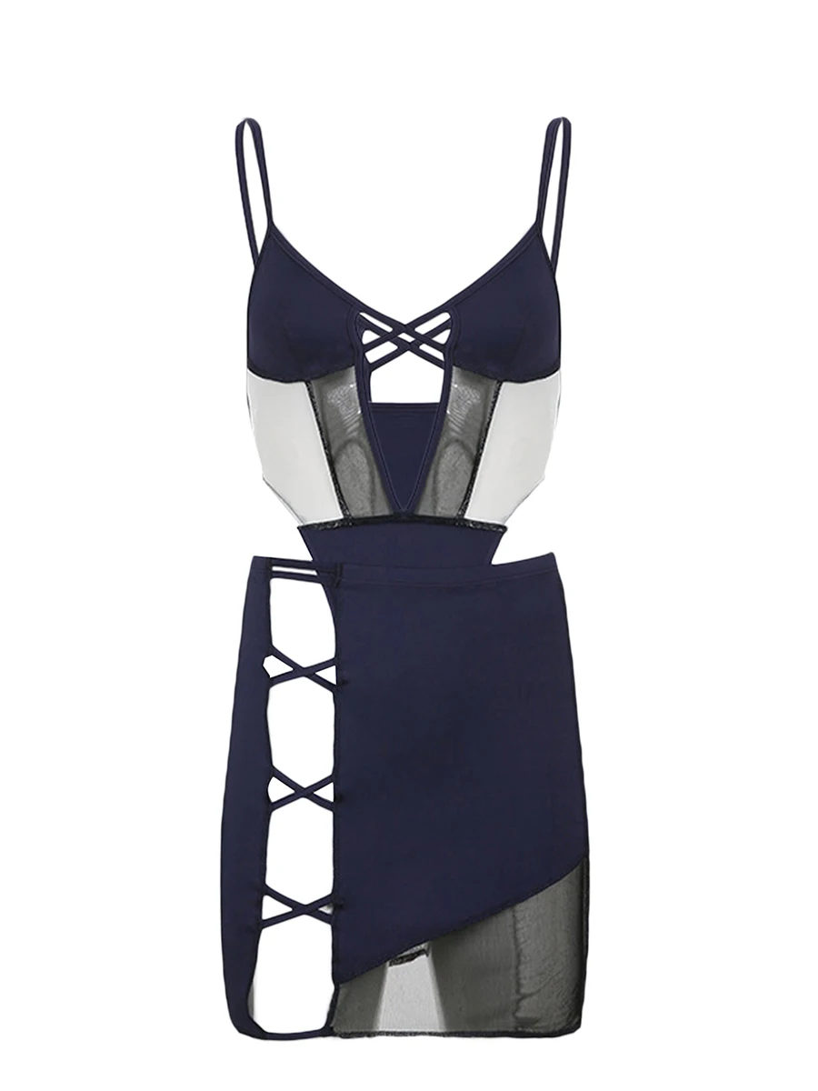 

Женский костюм с юбкой контрастных цветов, сетчатый комбинезон на бретелях с вырезом и короткой юбкой