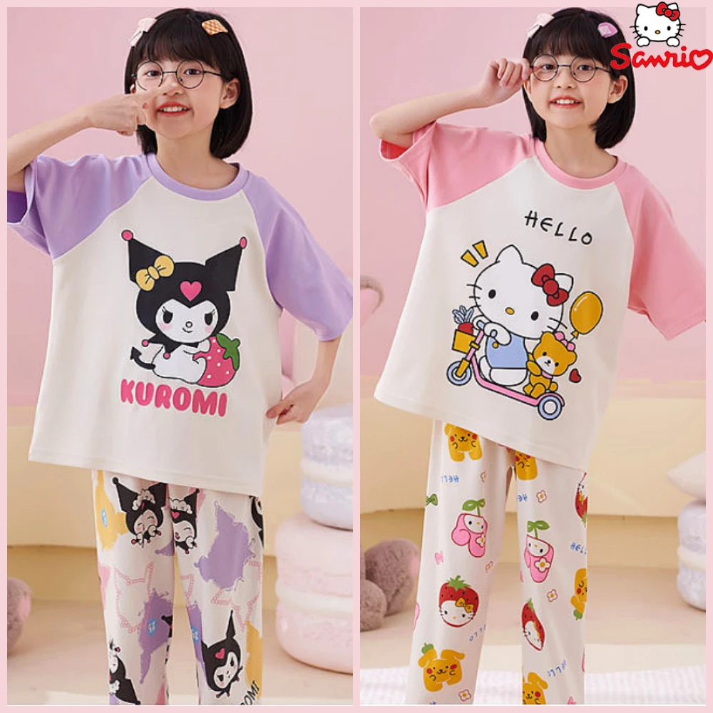 

2023 Anime Sanrio Hello Kitty Pajamas Set Kawaii Kuromi Children Sleepwear Cartoon Summer Short Sleeve Pants Home Clothes Gift
