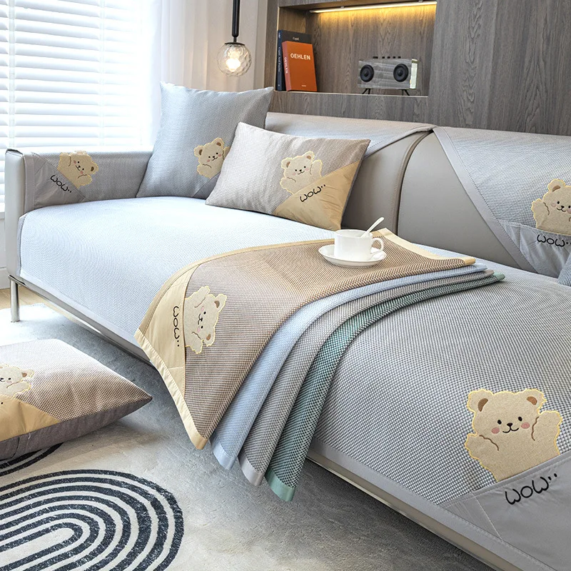 

Summer Ice Silk Sofa Cushion Cartoon Bear Mat Cushion Simple and Cool Sofa Towel Machine Washable Ice Silk Sofa Seat Couch Cover