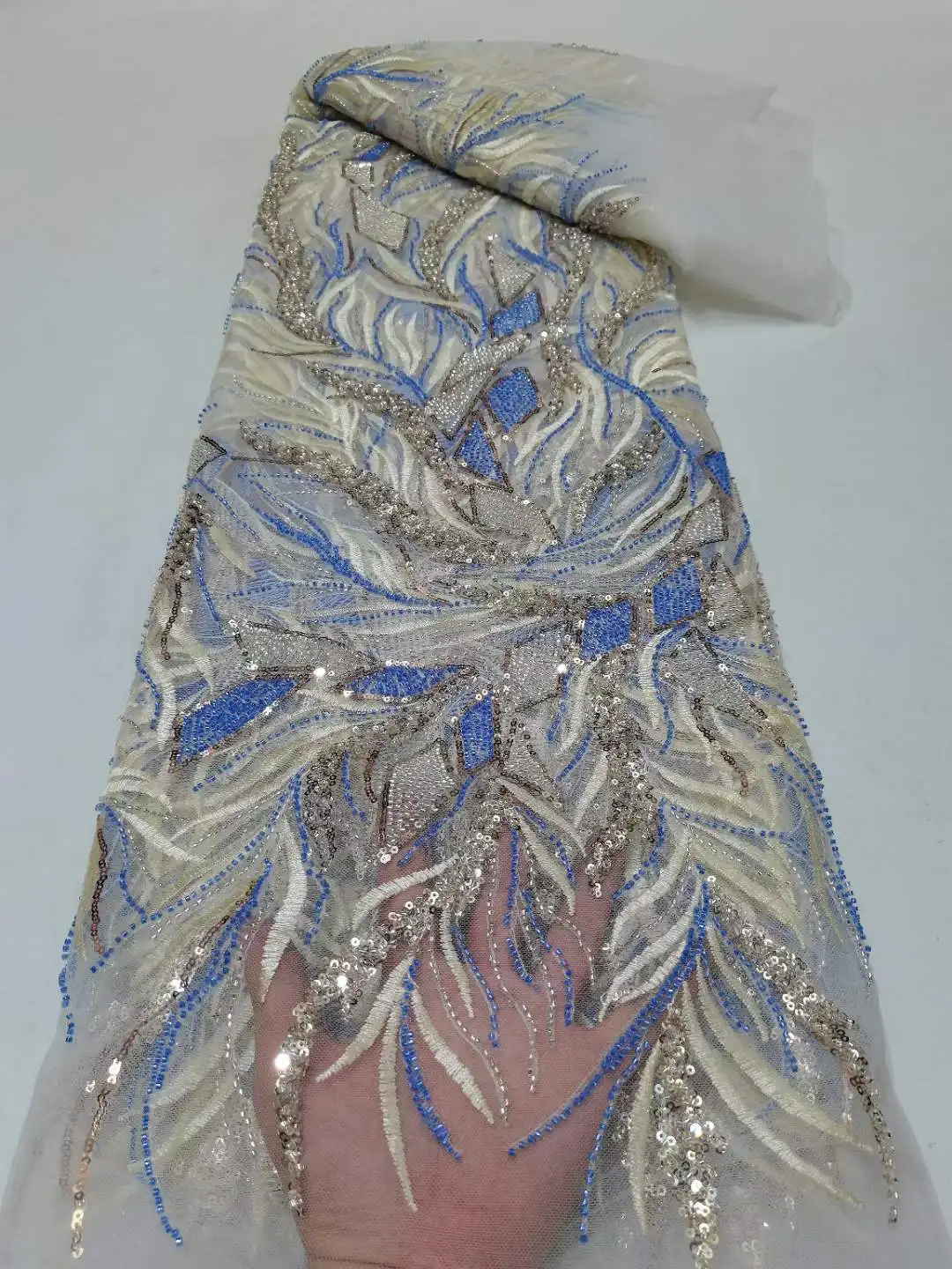

2022 High Quality African Nigerian Sequins Beaded Lace Fabric Embroidery Party Dress French Tulle Lace Fabric For Sewing 5 Yards