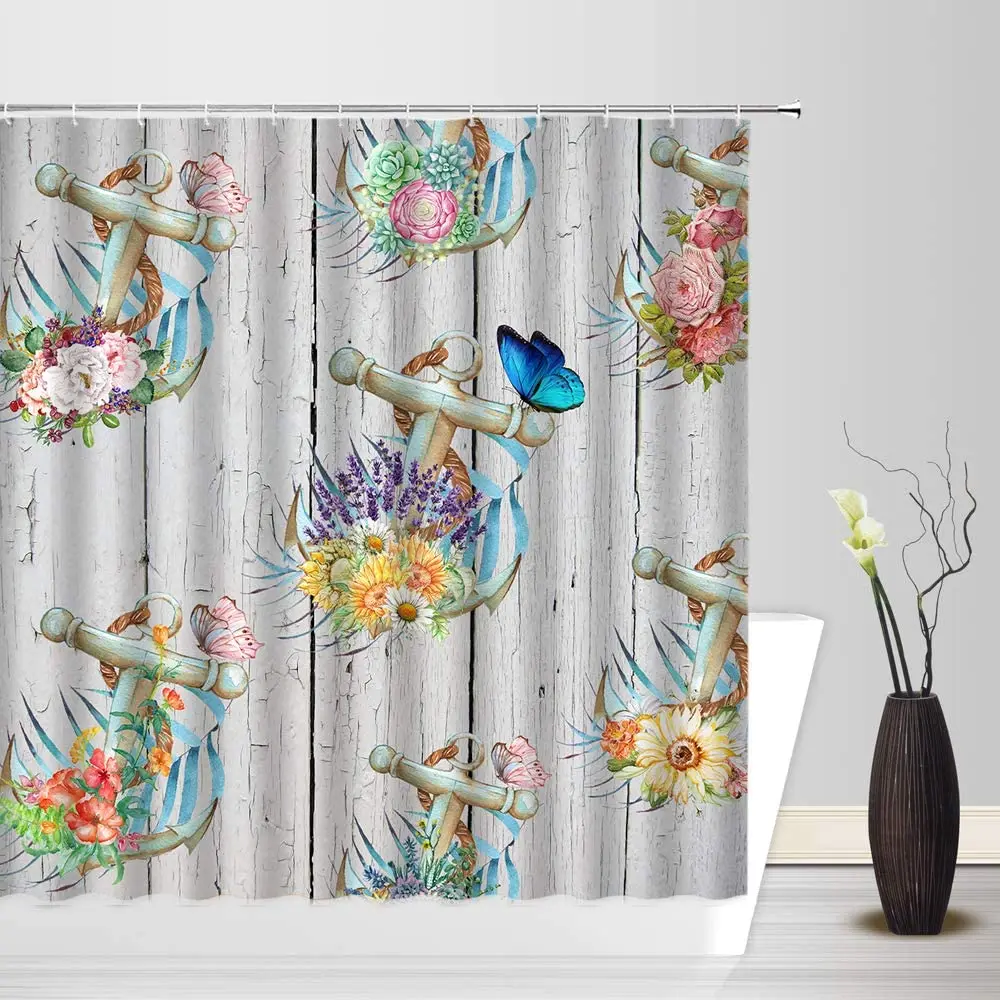 

Nautical Shower Curtain Pastel Colored Lighthouse Floral Plant Print Waterproof Cloth Fabric Bathroom Decor with Hooks Screens