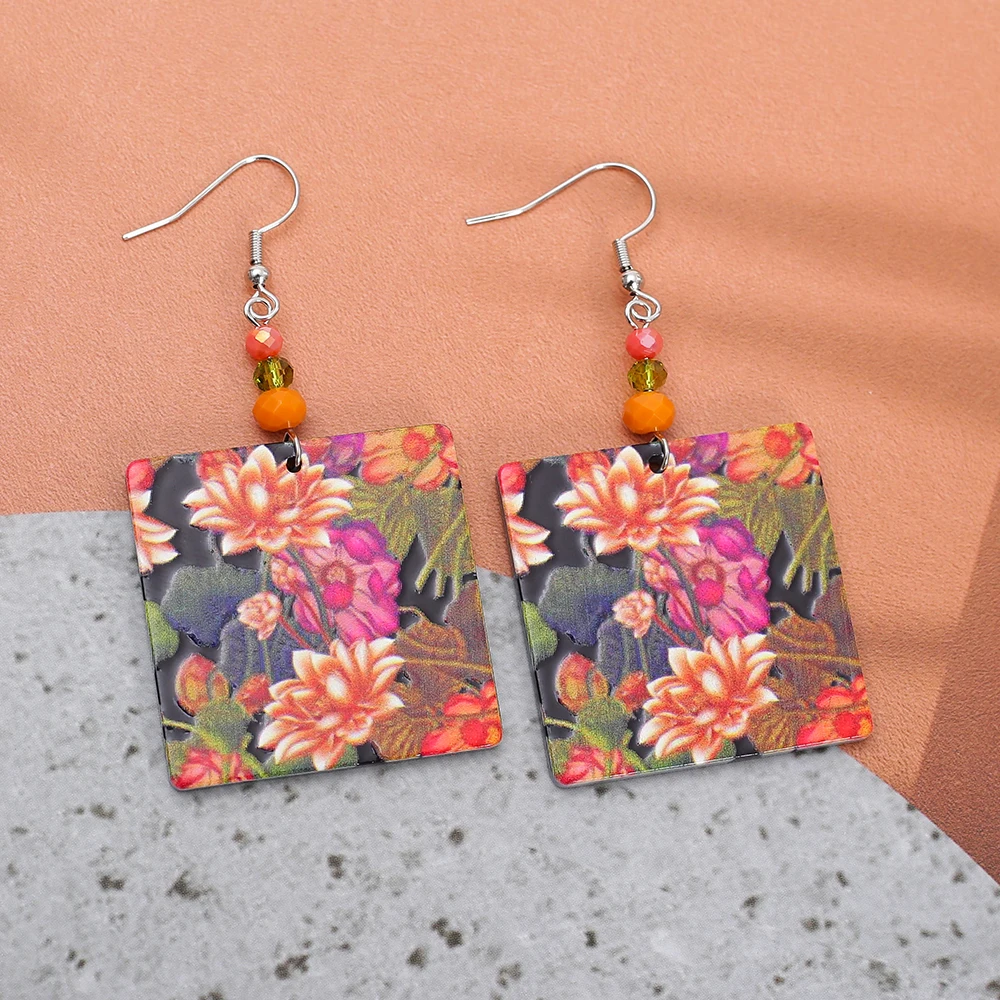 Великолепные красочные квадратные акриловые серьги с цветочным узором Relievo для