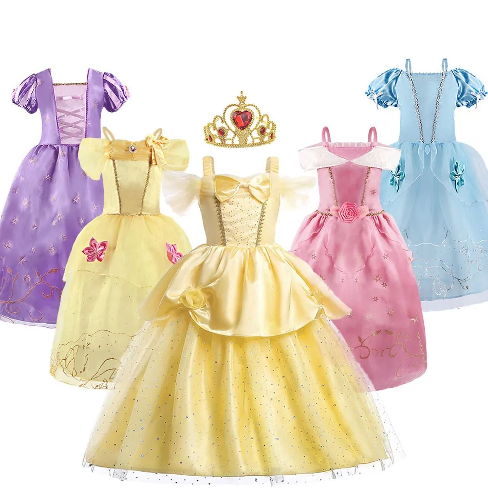 Little Girl Princess Dress Rapunzel Belle Cinderella Aurora Costume Kids Baby Birthday Party Christmas Evening Dress 2-10 Years