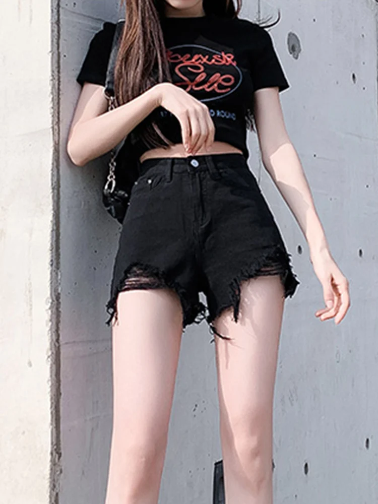 New Streetwear Women High Waist Frayed Hole Black Denim Shorts Spring Summer Female Wide Leg Button Jeans Shorts