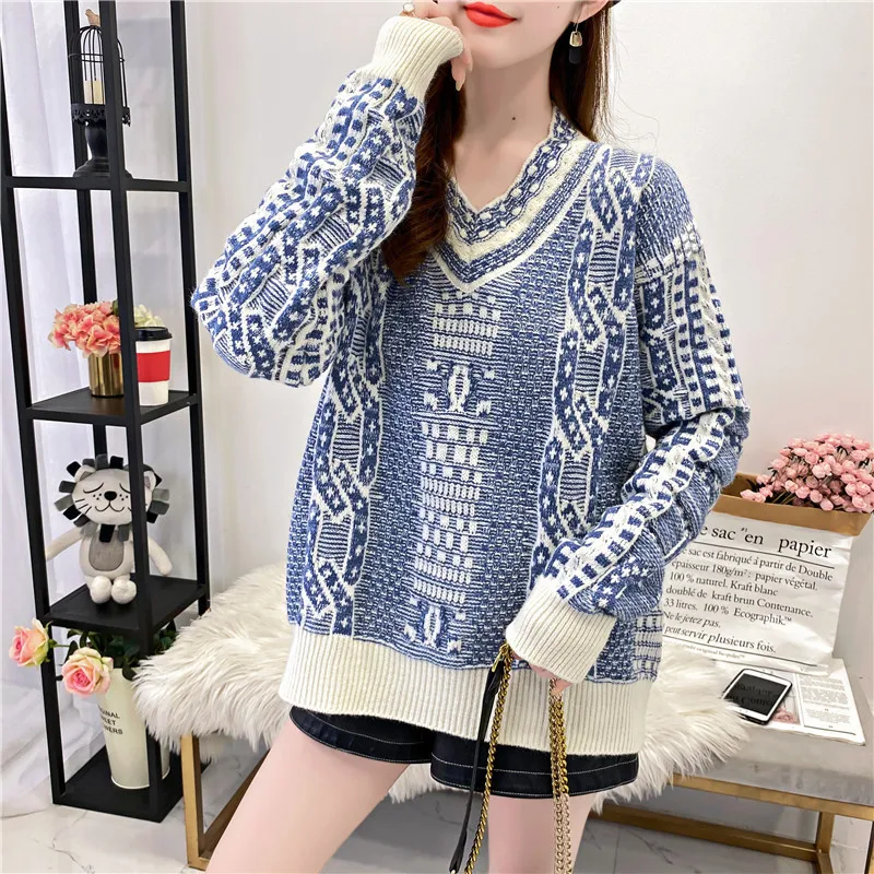 

2022 Spring Y2k Sweaters Women Vintage Print V-neck Knitted Pullover Jumper Harajuku Korean Fashion Oversized Black Sweater