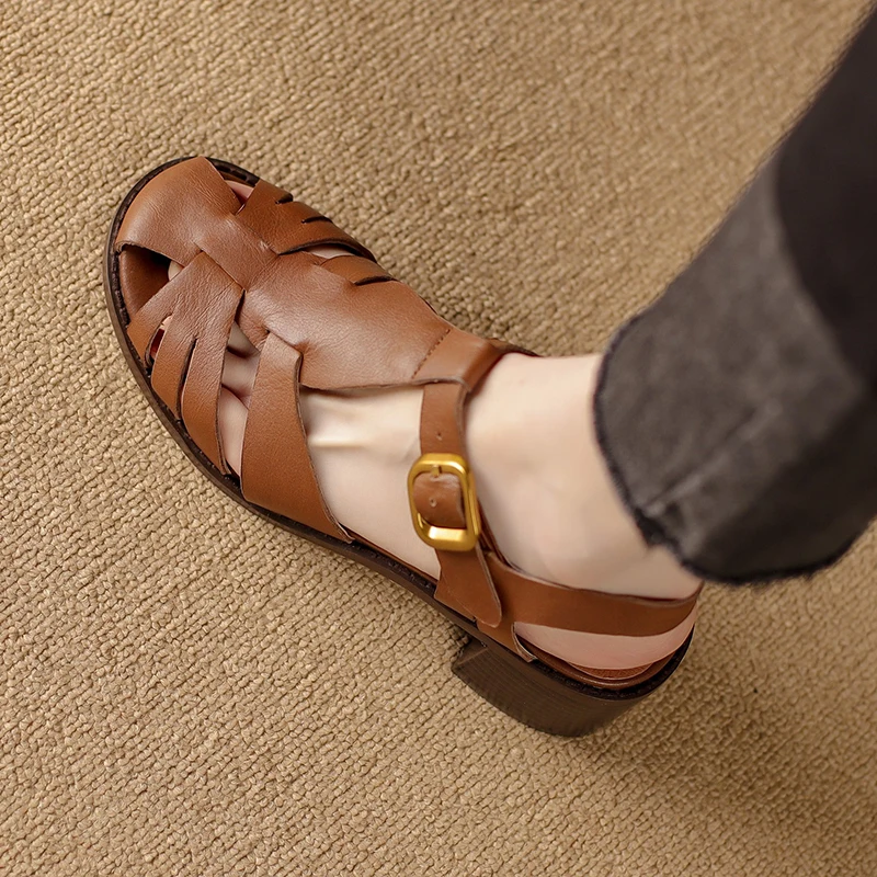 

Женские плетеные сандалии из натуральной кожи, босоножки из воловьей и свиной шкуры в стиле ретро, летняя обувь-гладиаторы, 22-25 см, 2023