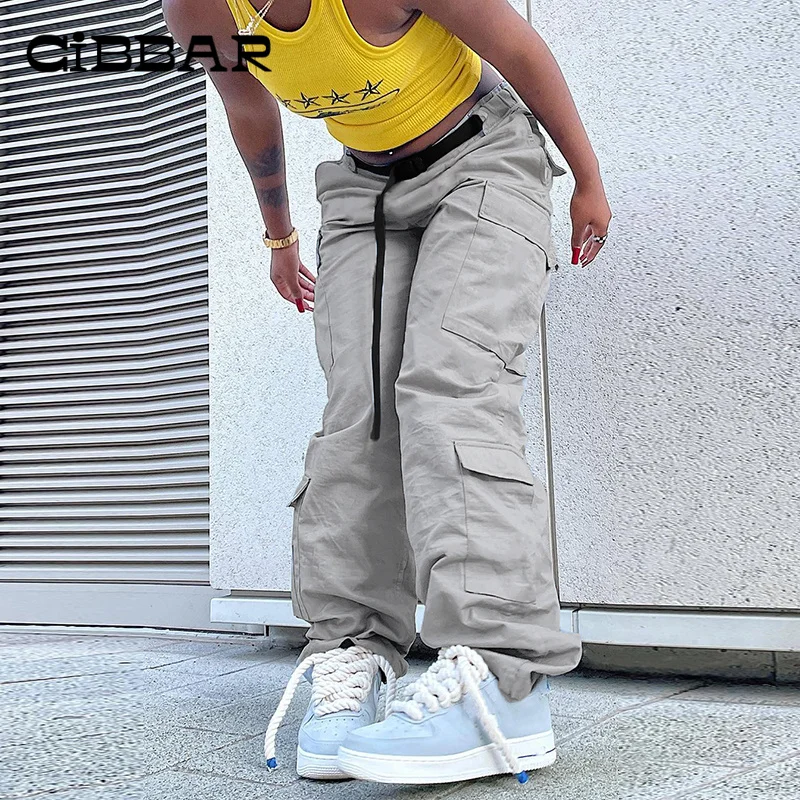 

CIBBAR Mid Waisted Sashes Patchwork Cargo Pants All-Match Grey Basic Female Loose Sweatpants Street Style Casual Trousers Pocket