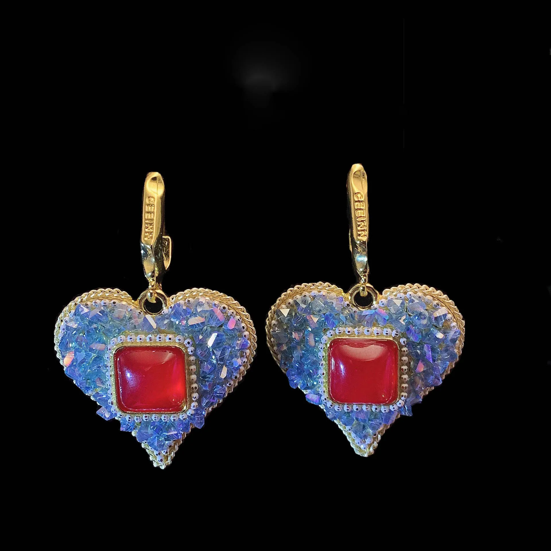 

new luxury red glass love earrings for women vintage crystal heart shape exaggeration eardrop