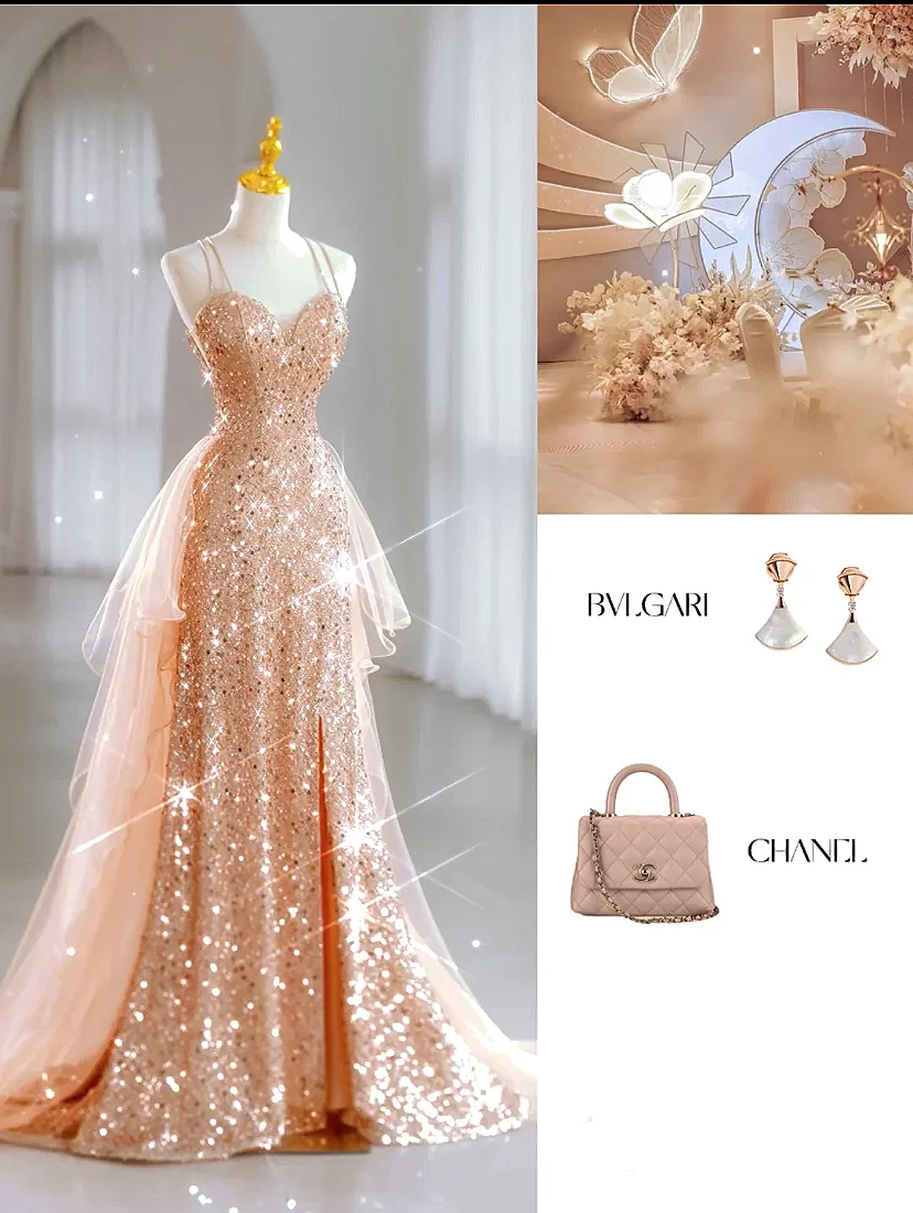 Роскошные платья знаменитостей цвета шампанского золотого лента с блестками на