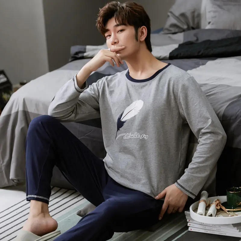 M-4XL Pajamas Men's Long-Sleeved Trousers Pajamas Two-Piece Spring Autumn Cotton Loose Sleepwear Pijamas Boy Casual Home Clothes
