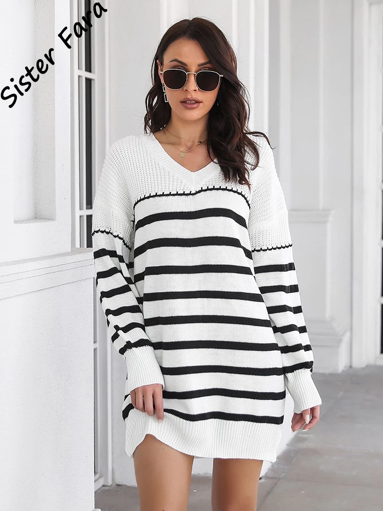 

Sister Fara V-Neck Knit Elegant Dresses for Women Spring Loose Striped Mini Dress Autumn Female Lantern Sleeve Pullover Dresses
