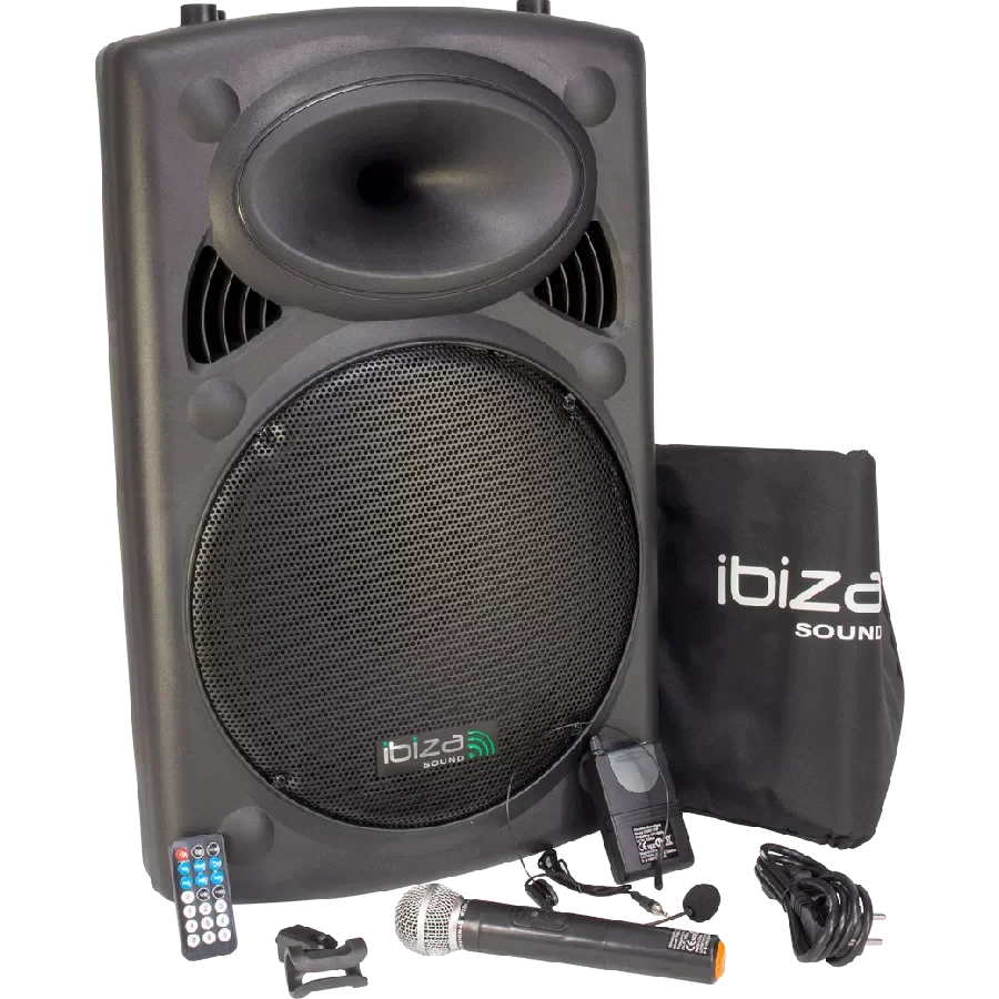 

NEW2023 IBIZA SOUND PORT15VHF-BT 15/38CM portable speaker with USB-MP3, REC, VOX, BLUETOOTH, 2 VHF microphones