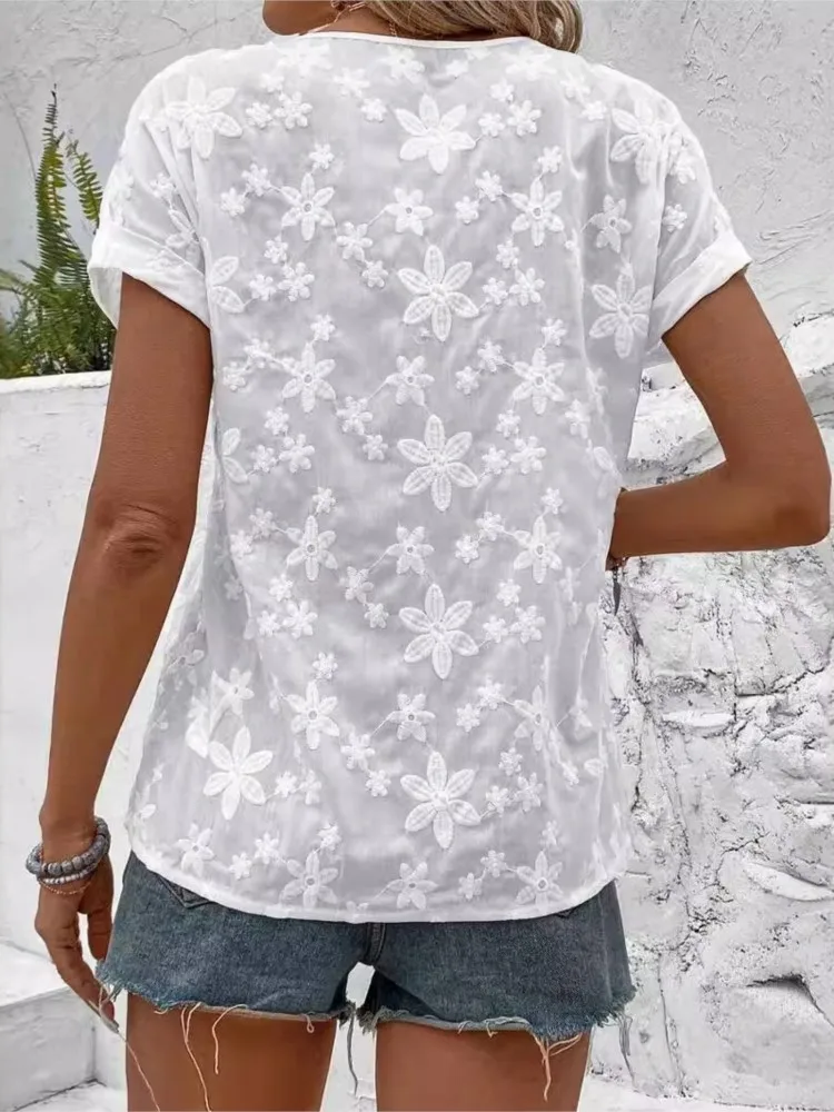 Женская кружевная рубашка с V-образным вырезом однотонная белая блузка коротким