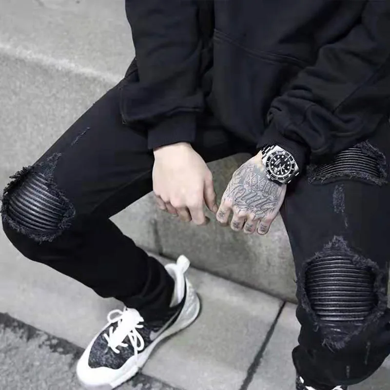 

Streetwear Men Jeans High Street Hole Patch Jeans Black Locomotive PU Leather Stitching Slim Pencil Pants Full Length Trousers