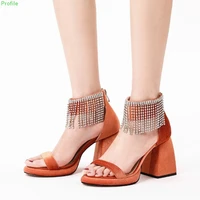 tassel rhinestone thickened high heeled sandals catwalk style horseshoe heel open toe womens shoes fashionable sexy all match